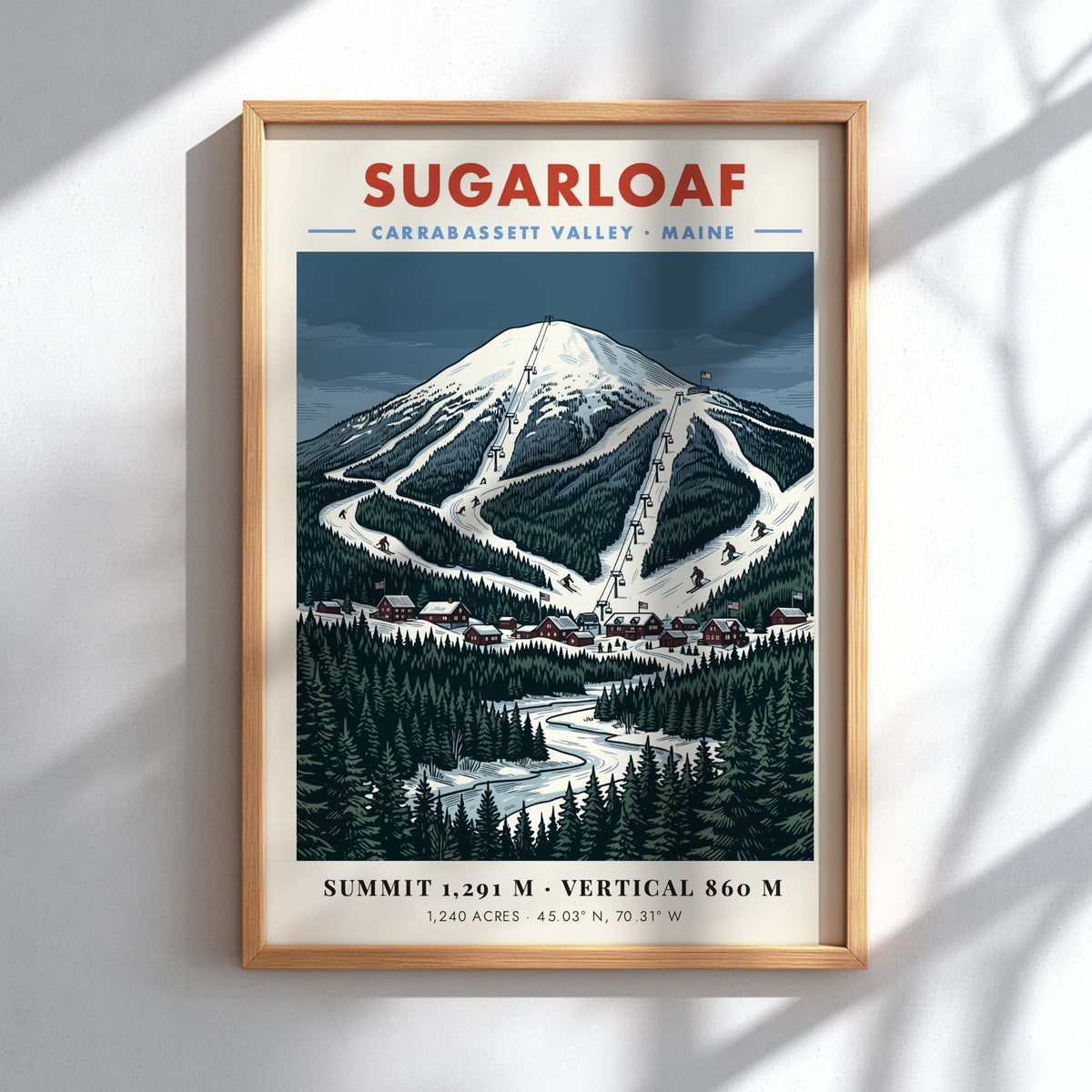 Poster of Sugarloaf mountain in Carrabassett Valley Maine with snowy ski trails and forest.