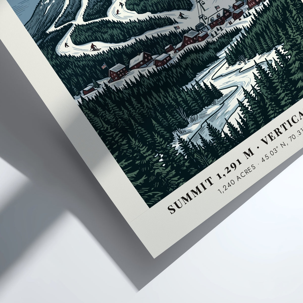 Poster of Sugarloaf mountain in Carrabassett Valley Maine with snowy ski trails and forest.