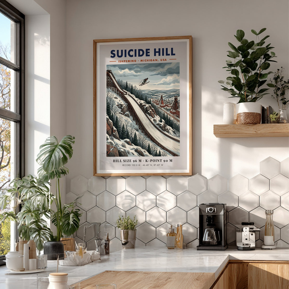 Poster of Suicide Hill in Ishpeming Michigan featuring a ski jumper in winter