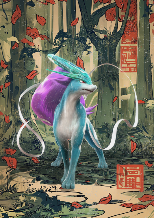 Suicune Pokemon: Japanese Tapestry Style Pokemon Anime Poster, Suicune Artwork