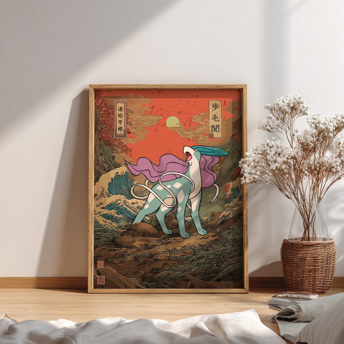 Framed artwork of a stylized Suicune Pokemon with a red background in a room with a plant and books.