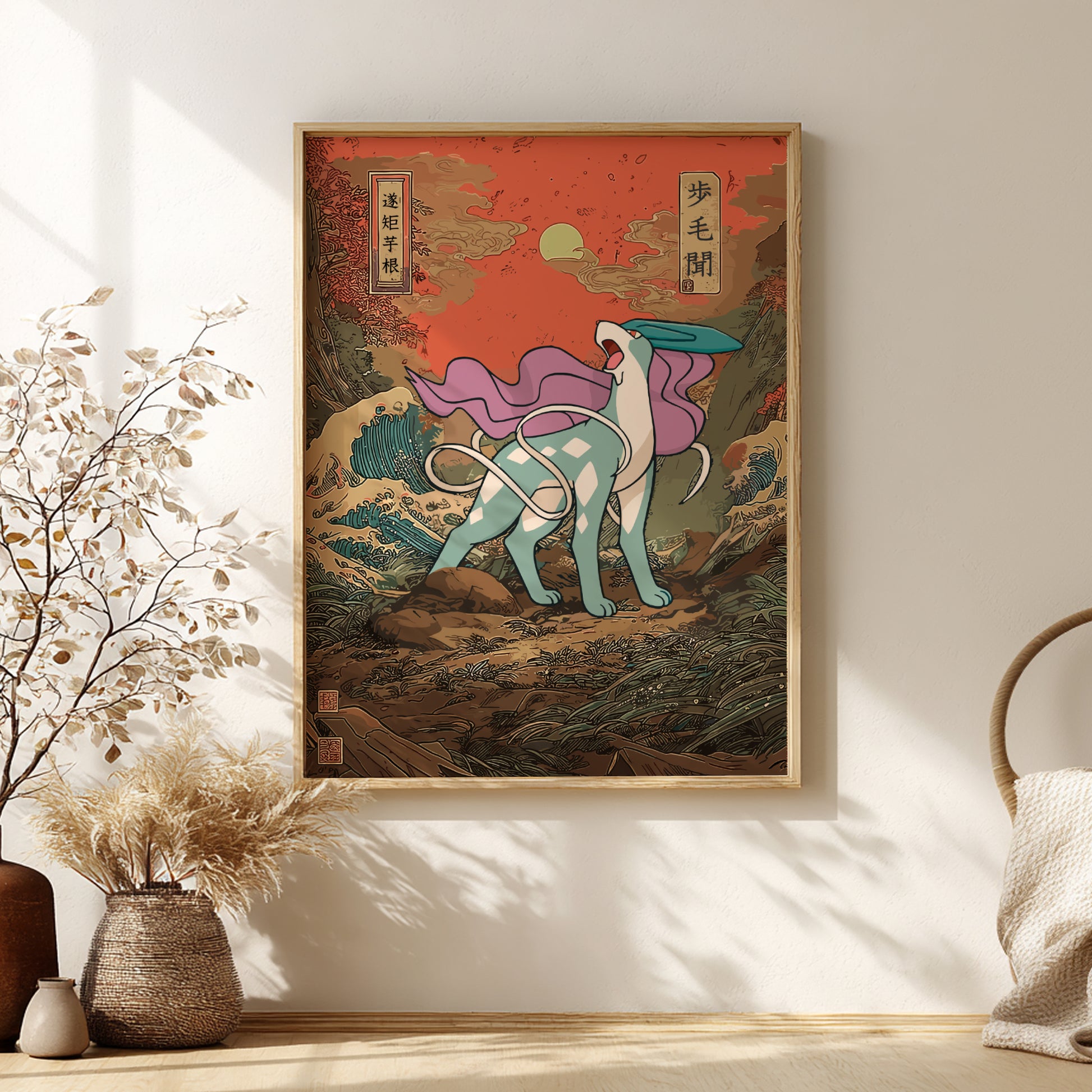 Framed artwork of a stylized Suicune Pokemon on a wall with decorative elements.