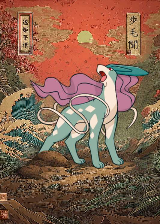 Suicune Pokemon in a stylized landscape with mountains and sky.