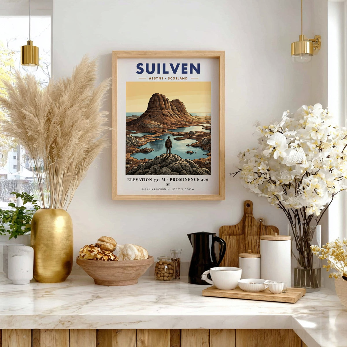 Poster of Suilven mountain in Assynt Scotland with a hiker overlooking the landscape