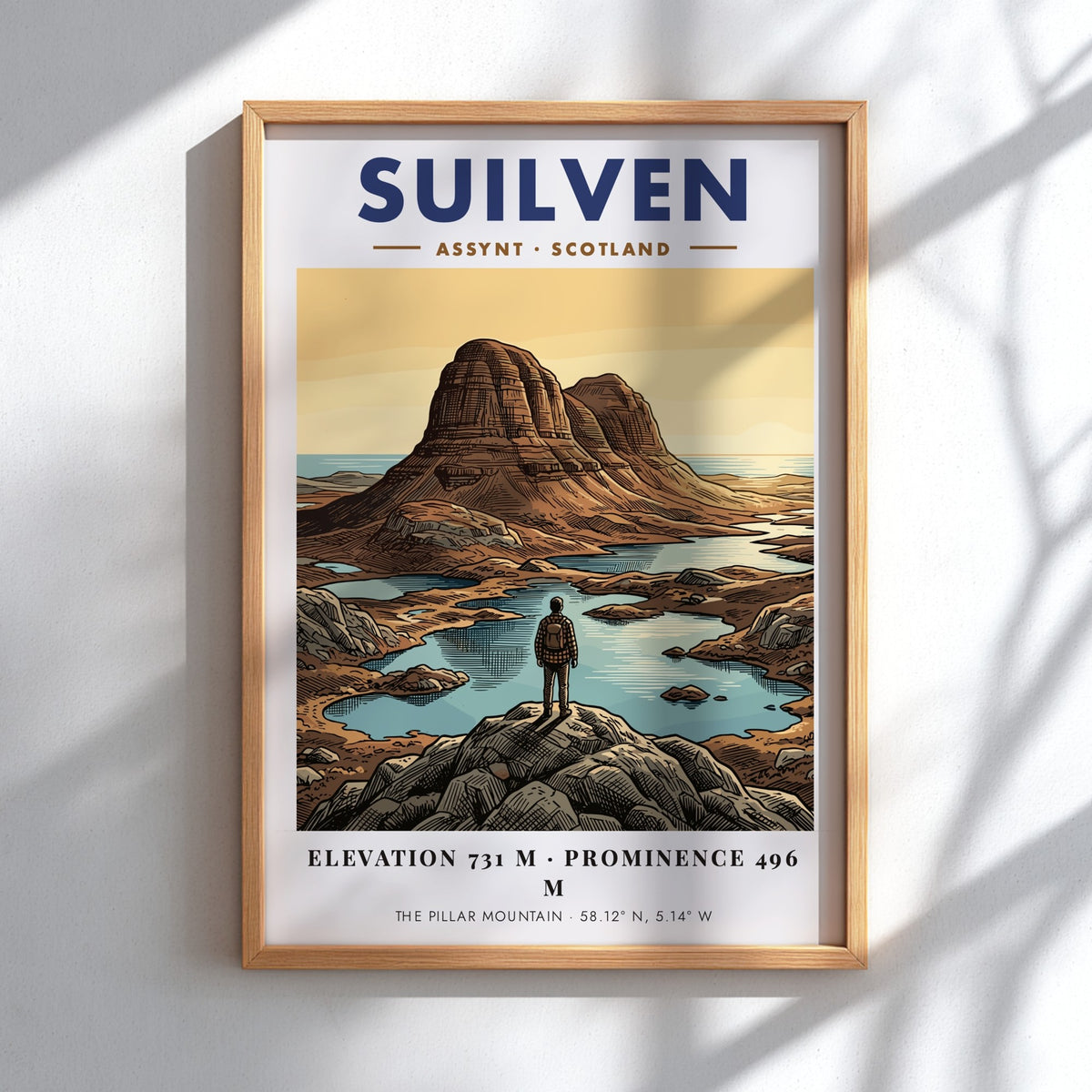 Poster of Suilven mountain in Assynt Scotland with a hiker overlooking the landscape