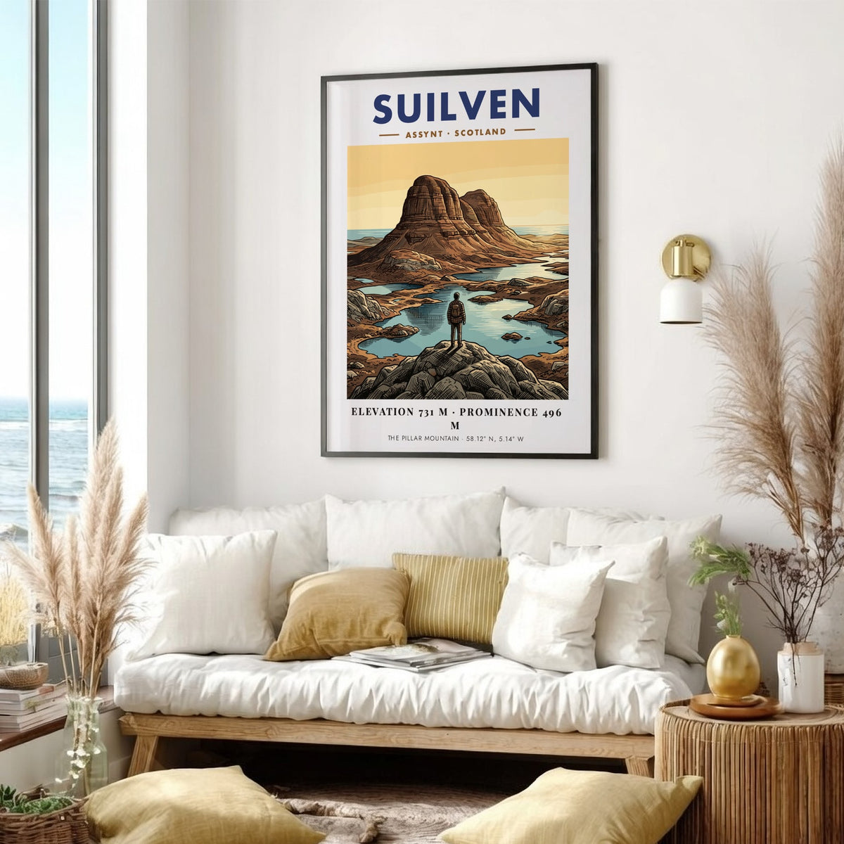 Poster of Suilven mountain in Assynt Scotland with a hiker overlooking the landscape
