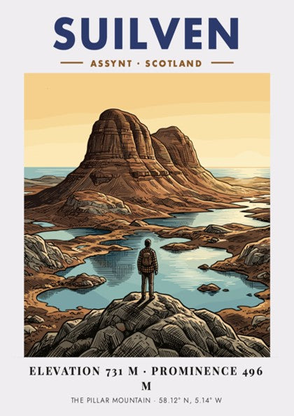 Poster of Suilven mountain in Assynt Scotland with a hiker overlooking the landscape