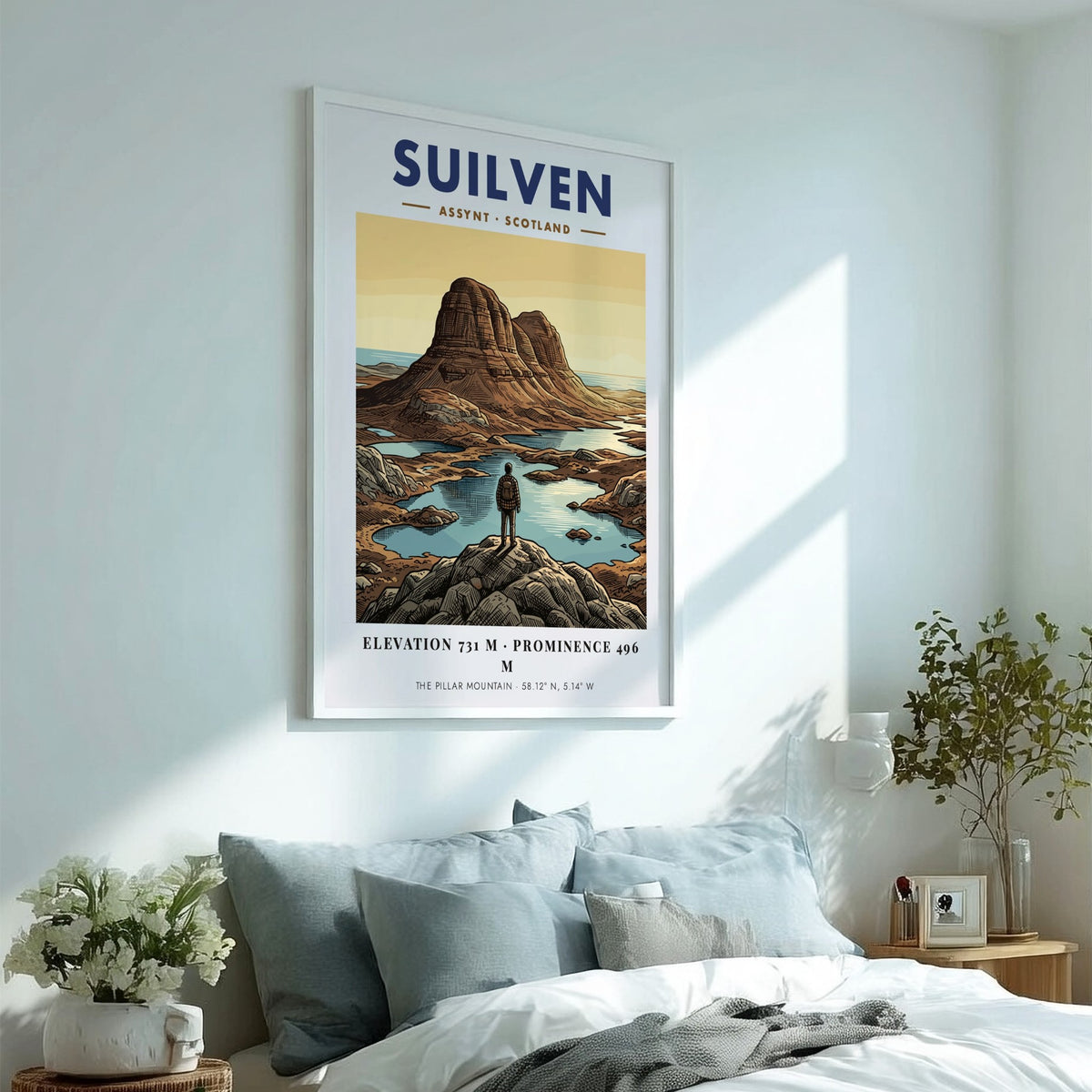 Poster of Suilven mountain in Assynt Scotland with a hiker overlooking the landscape