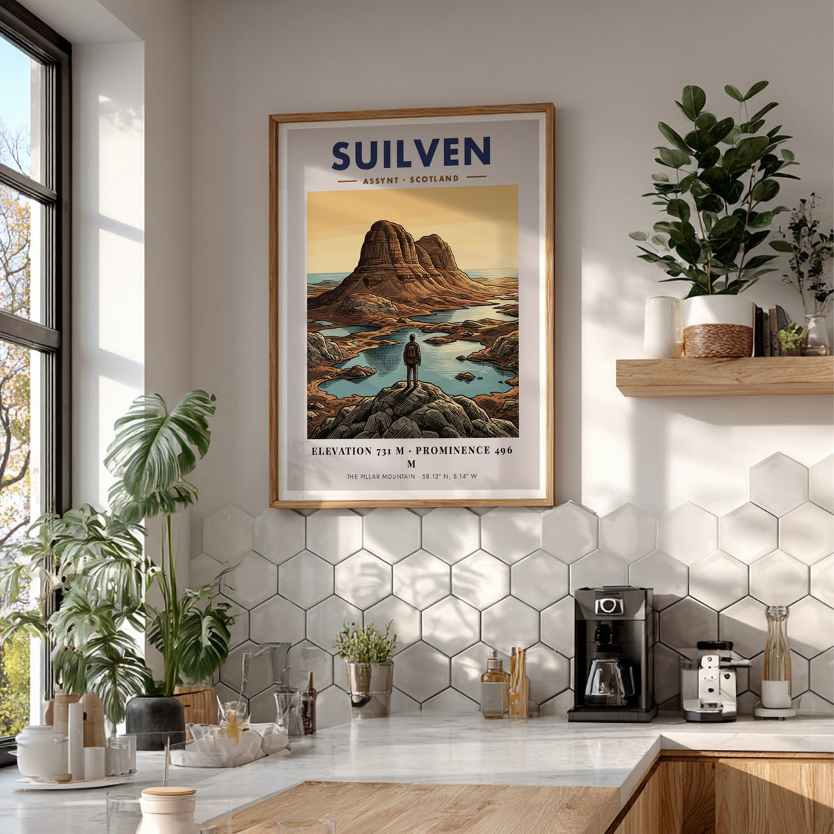 Poster of Suilven mountain in Assynt Scotland with a hiker overlooking the landscape