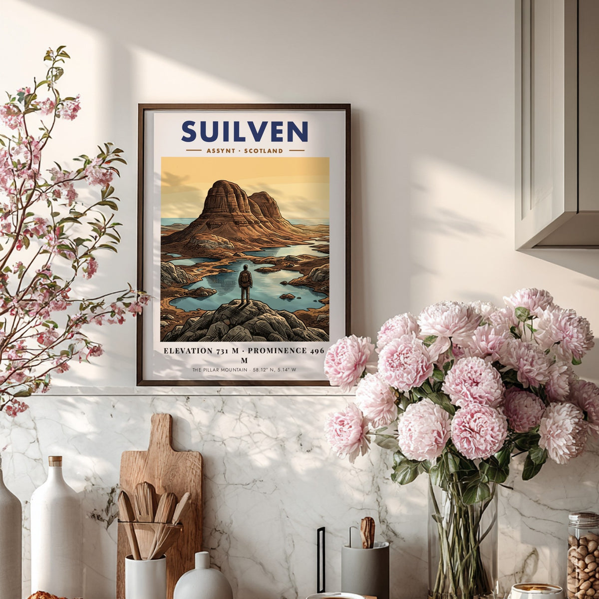 Poster of Suilven mountain in Assynt Scotland with a hiker overlooking the landscape
