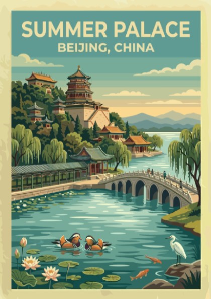 Summer Palace travel poster featuring vintage landscape art with serene waters and lush greenery