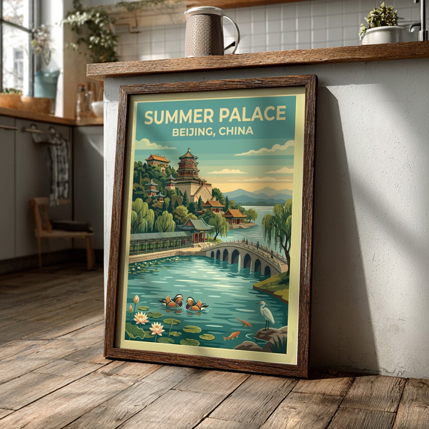 Summer Palace travel poster featuring vintage landscape art with serene waters and lush greenery
