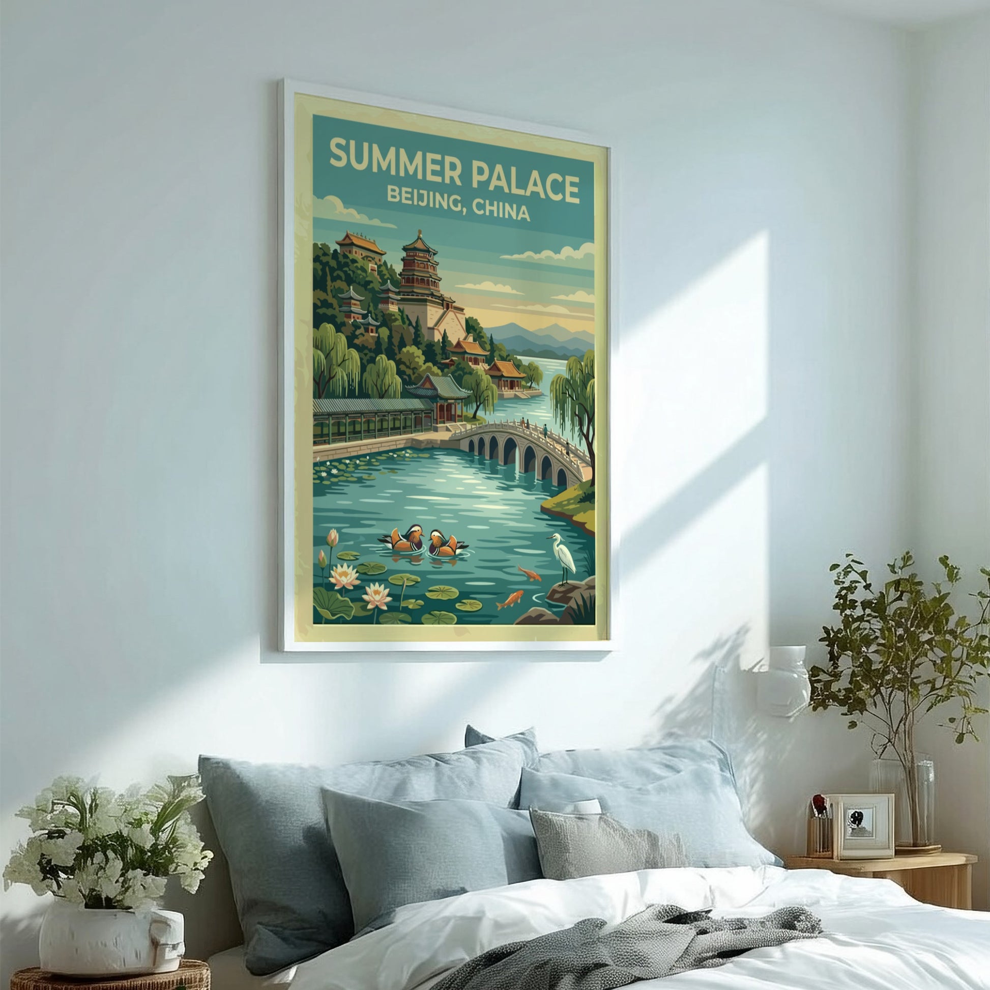 Summer Palace travel poster featuring vintage landscape art with serene waters and lush greenery
