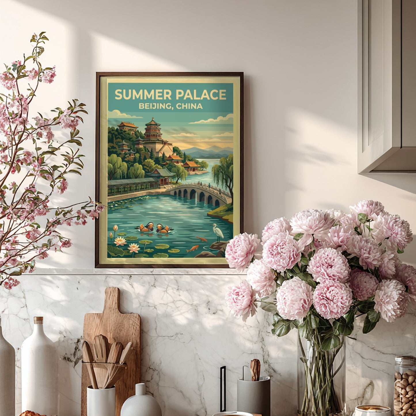 Summer Palace travel poster featuring vintage landscape art with serene waters and lush greenery