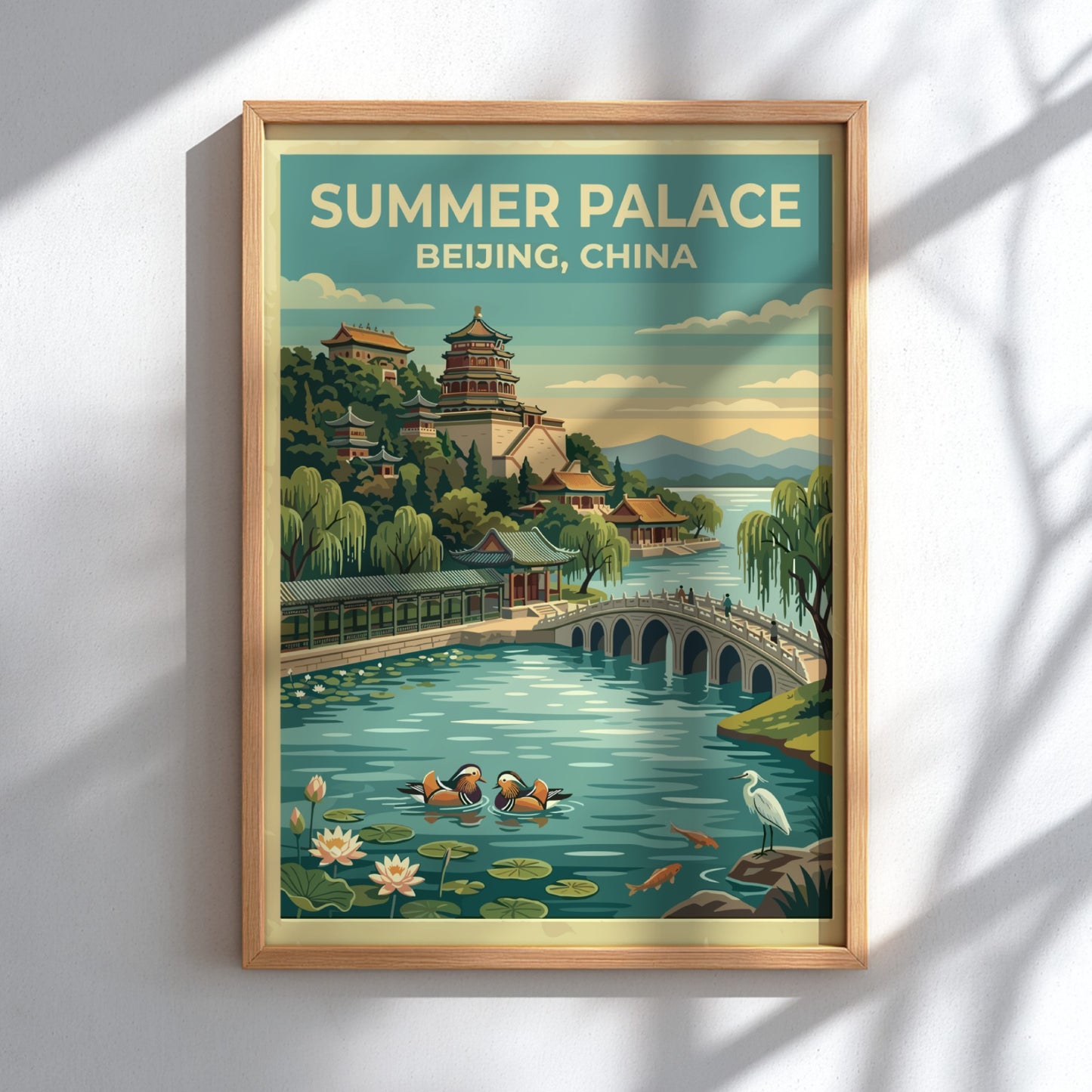 Summer Palace travel poster featuring vintage landscape art with serene waters and lush greenery