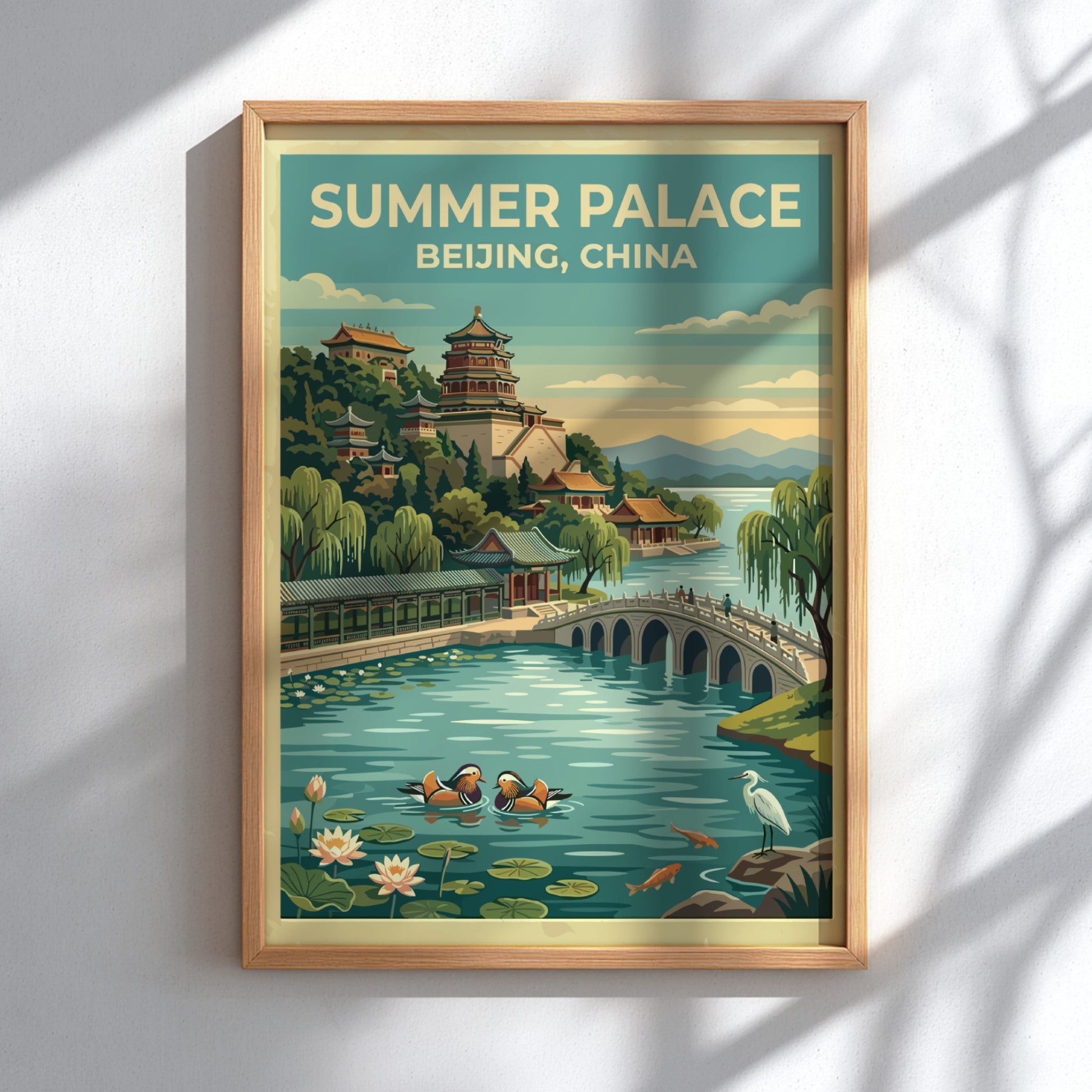 Summer Palace travel poster featuring vintage landscape art with serene waters and lush greenery
