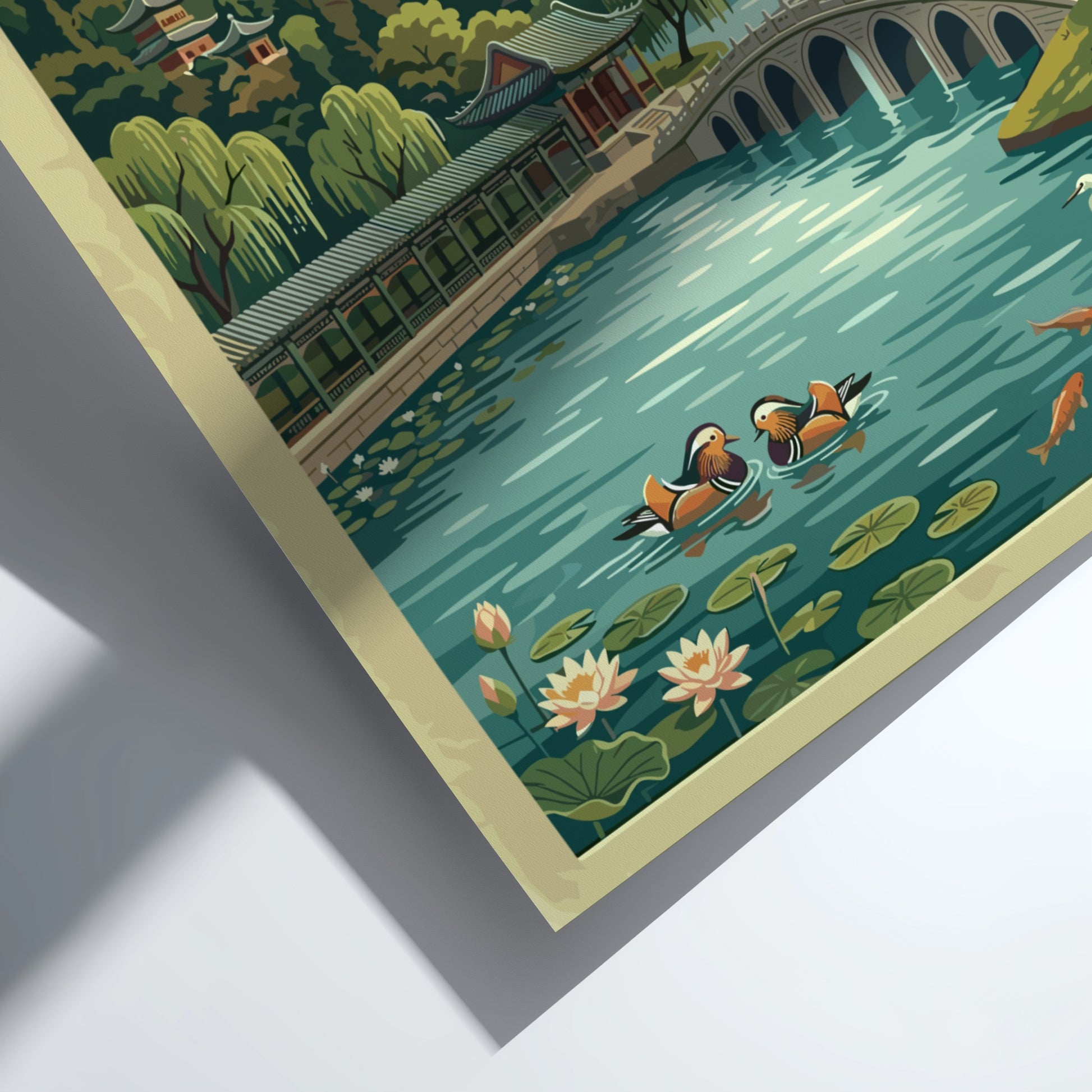 Summer Palace travel poster featuring vintage landscape art with serene waters and lush greenery