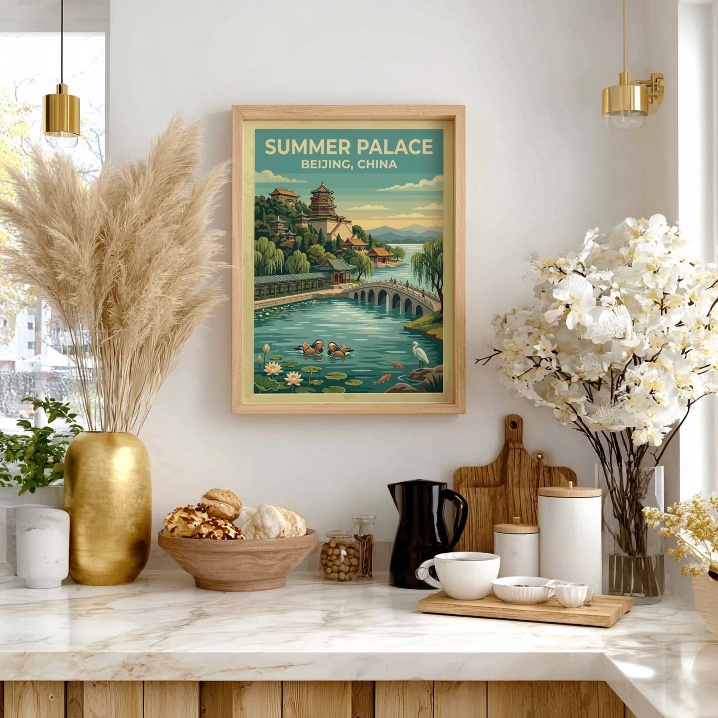 Summer Palace travel poster featuring vintage landscape art with serene waters and lush greenery