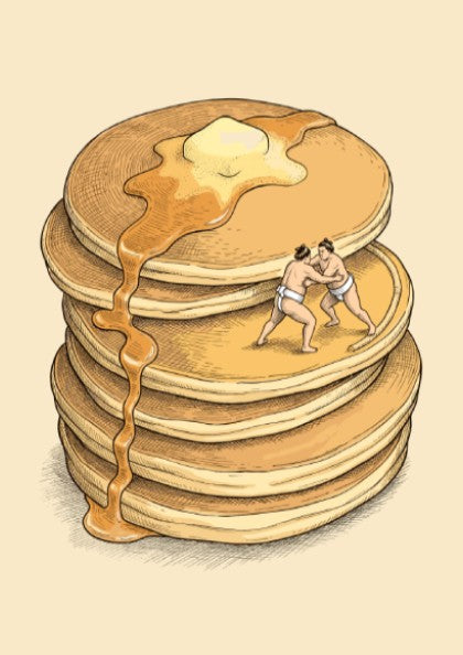 Poster featuring two sumo wrestlers fighting on a stack of syrup covered pancakes