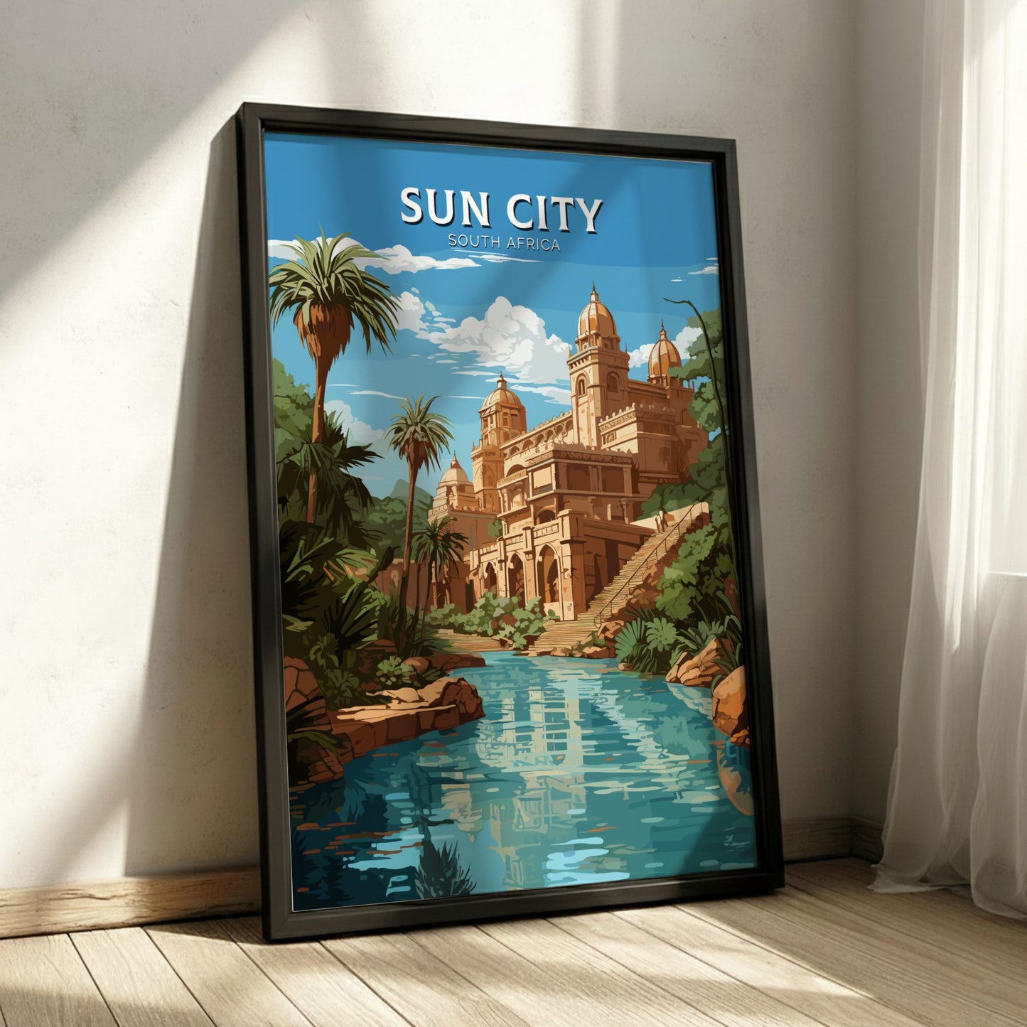 Framed poster of Sun City, South Africa with a building and palm trees.