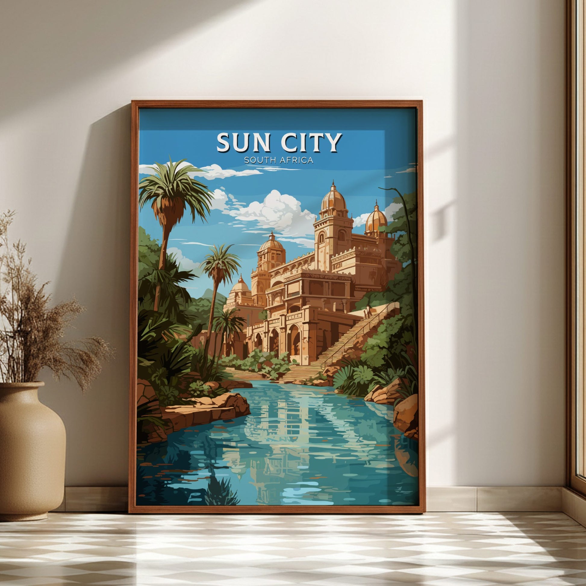 Framed poster of Sun City, South Africa with a building and palm trees.