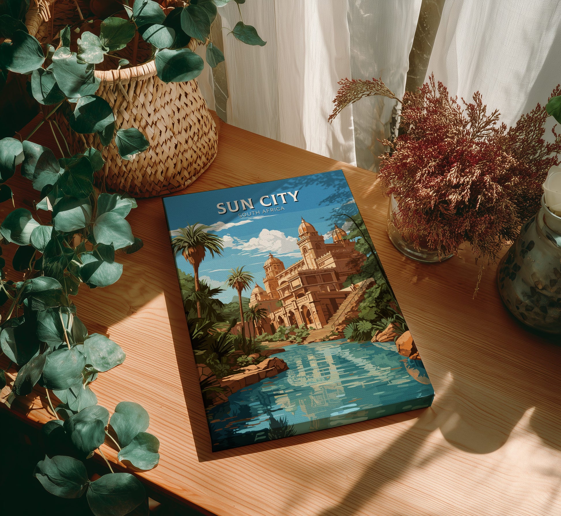 Book titled 'Sun City' on a wooden table with plants around