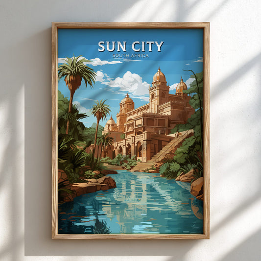 Framed artwork of Sun City, South Africa with a building and pool.