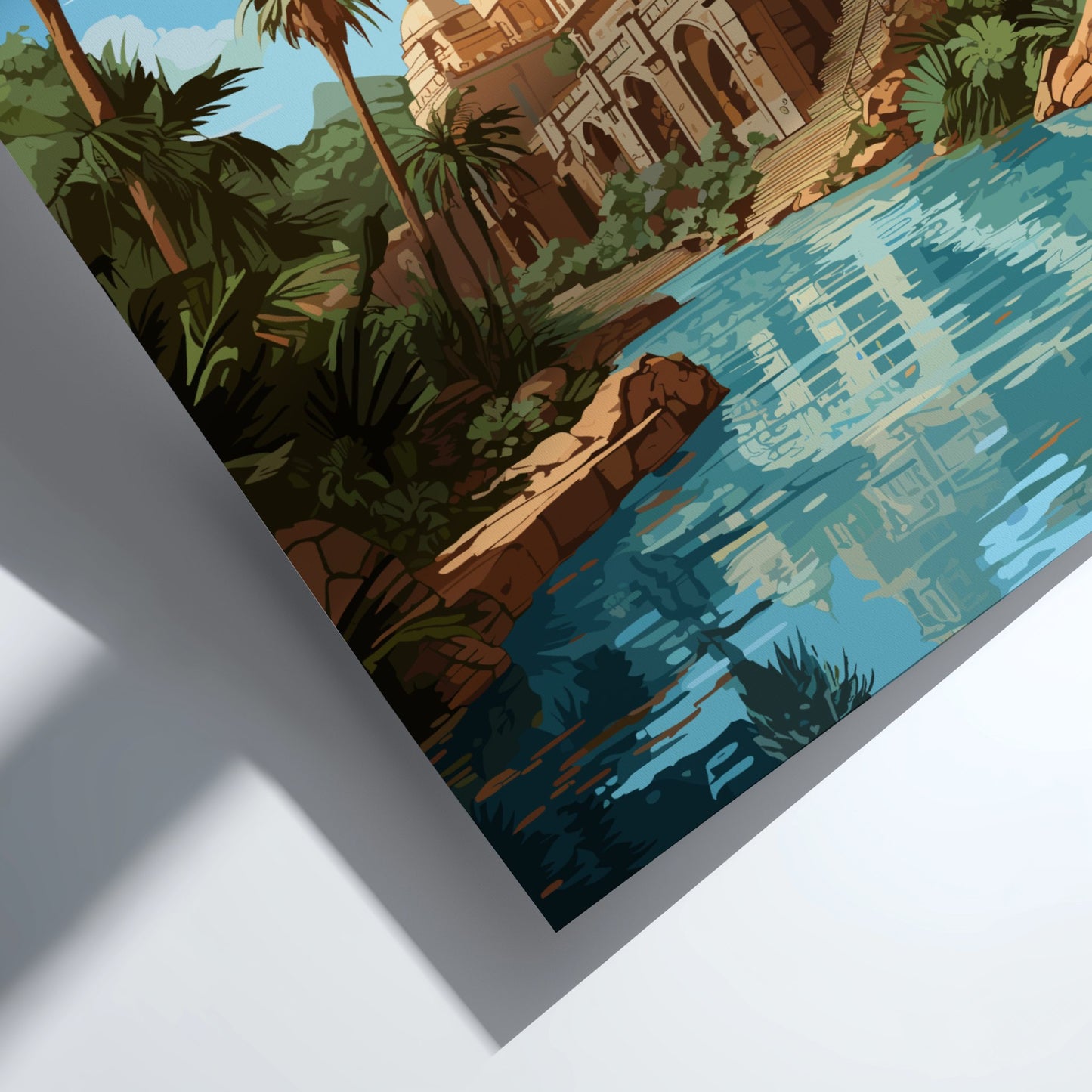 Illustration of a classical building with a pool and palm trees on a white background