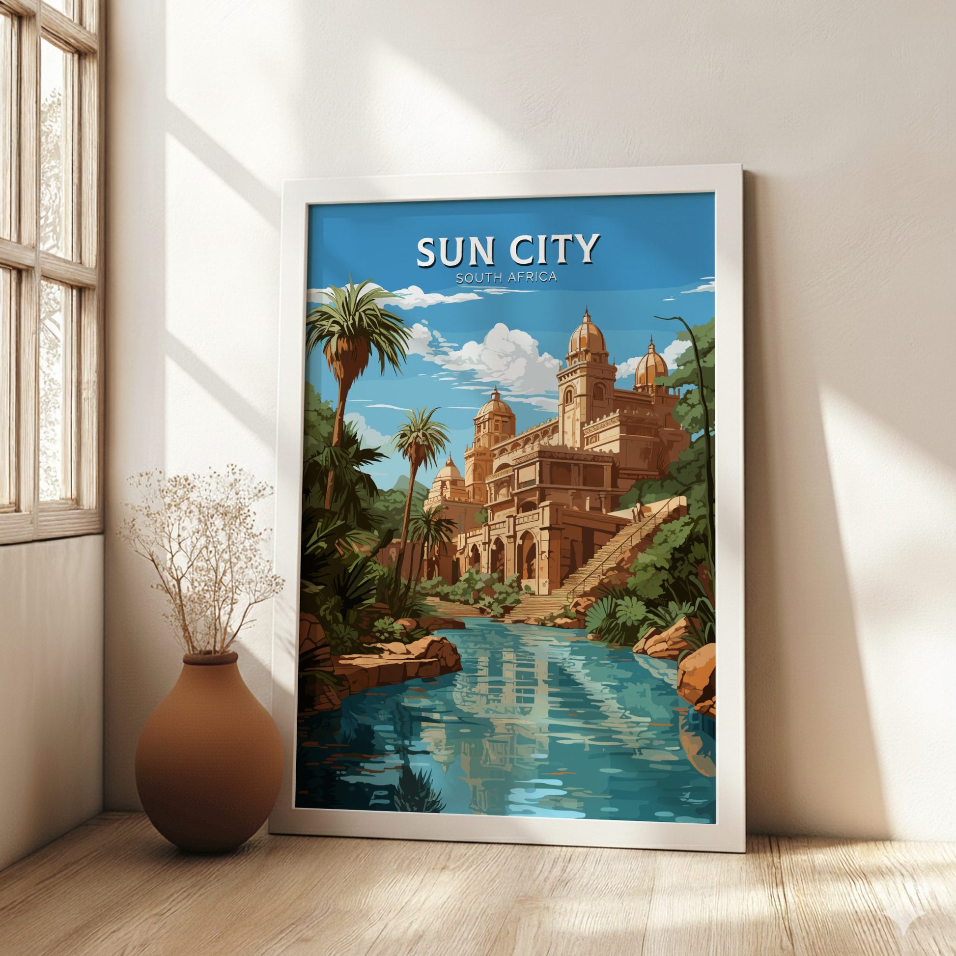 Framed poster of Sun City, South Africa in a room with a vase on a wooden floor.