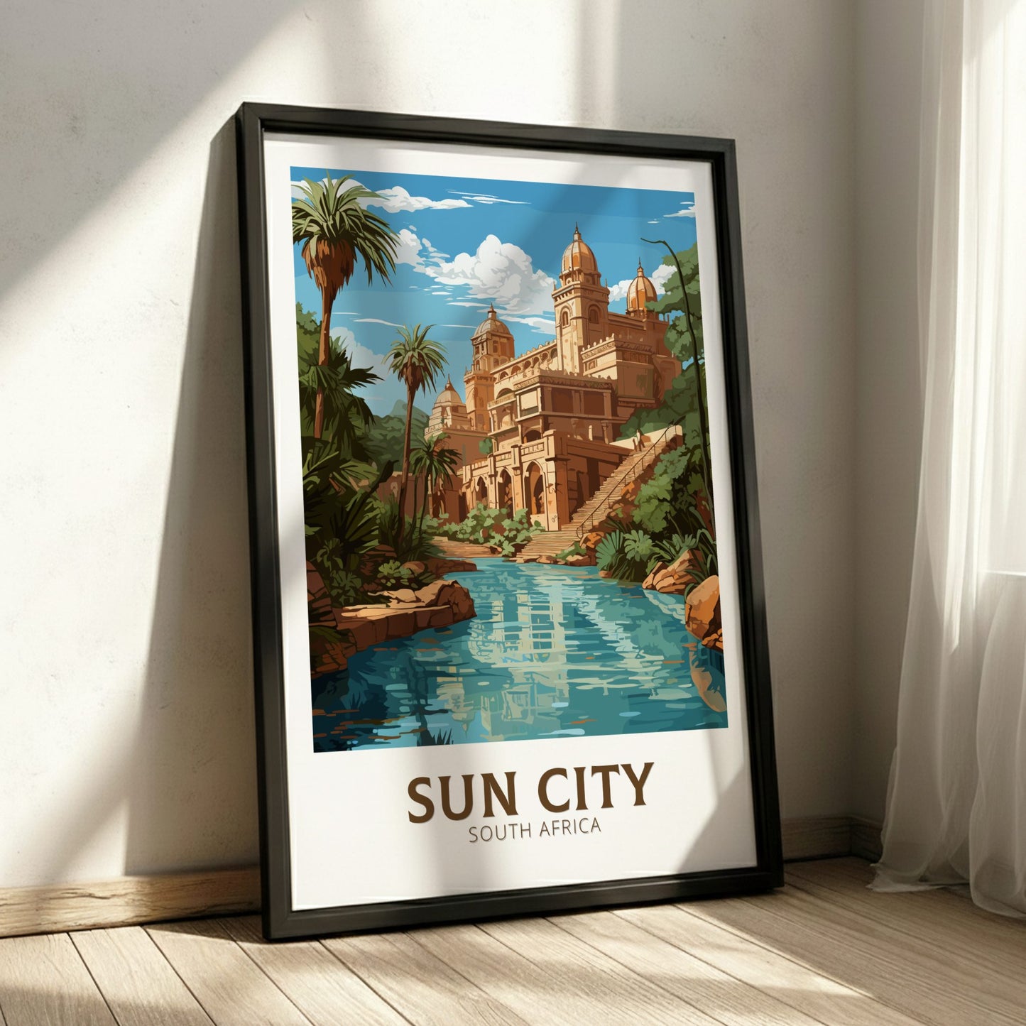 Framed poster of Sun City, South Africa with a scenic view of a building and pool.