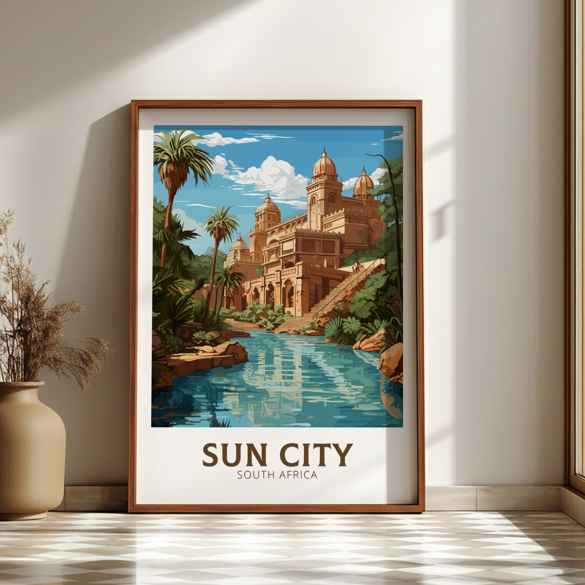 Framed poster of Sun City, South Africa with a building and pool scene.
