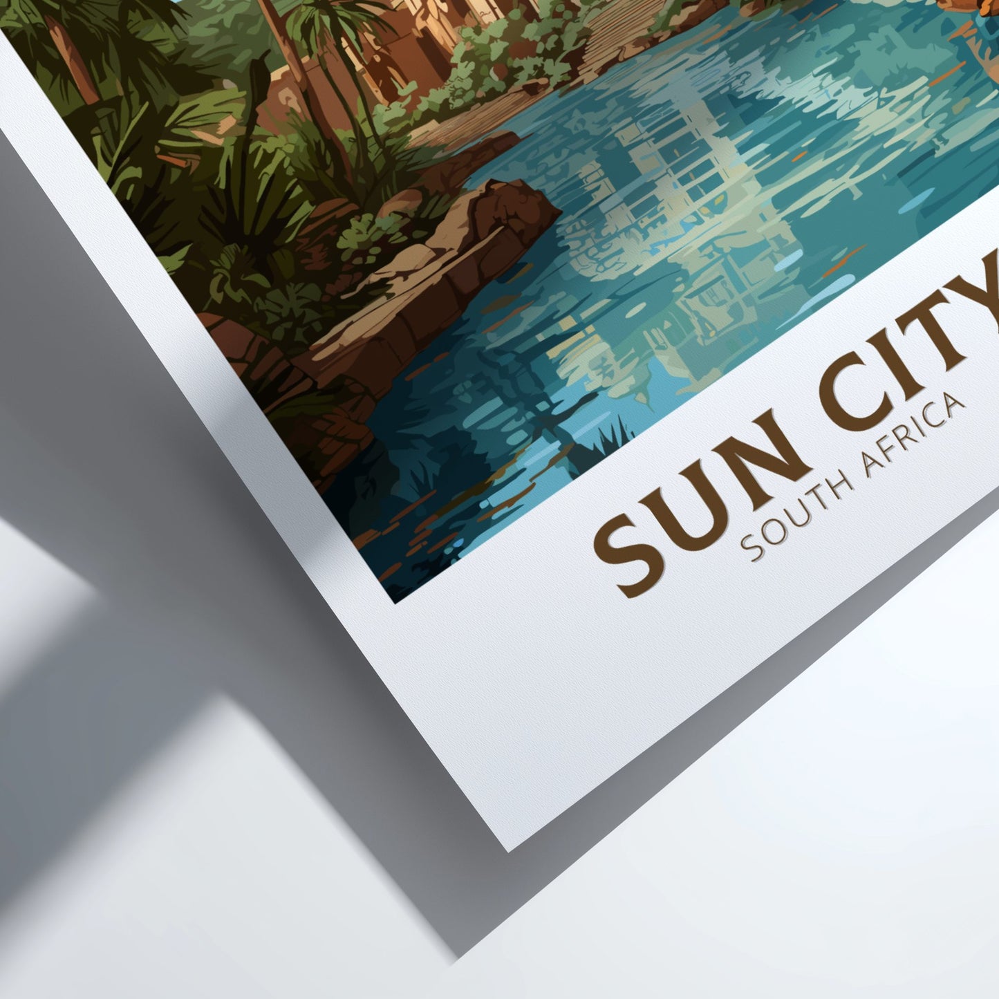 Framed artwork of a scenic view with 'Sun City South Africa' text.