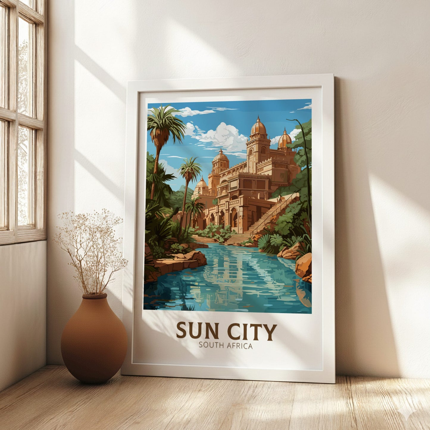 Framed poster of Sun City, South Africa with a building and pool in a room with a vase and plant.