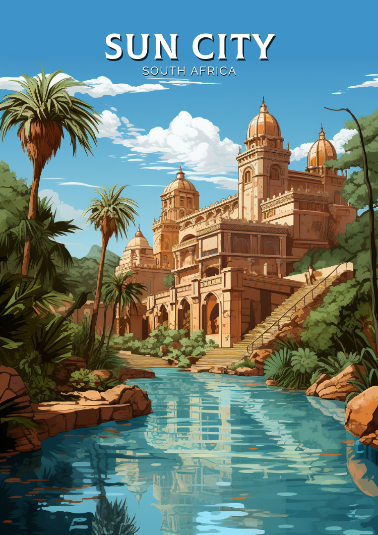 A vintage style poster depicting the Sun City resort in South Africa with lush greenery and the Palace of the Lost City.