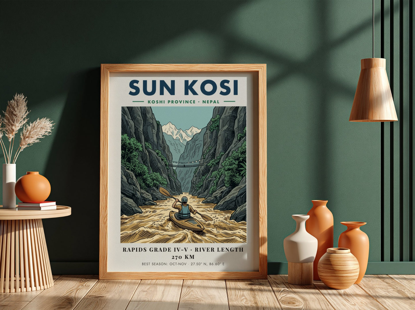 Poster of a kayaker on the Sun Kosi river surrounded by deep mountain canyons