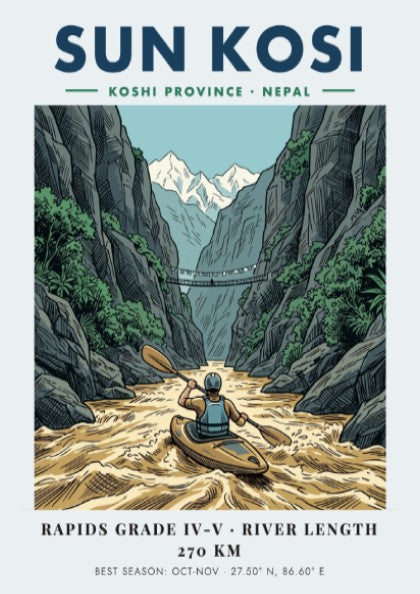 Poster of a kayaker on the Sun Kosi river surrounded by deep mountain canyons