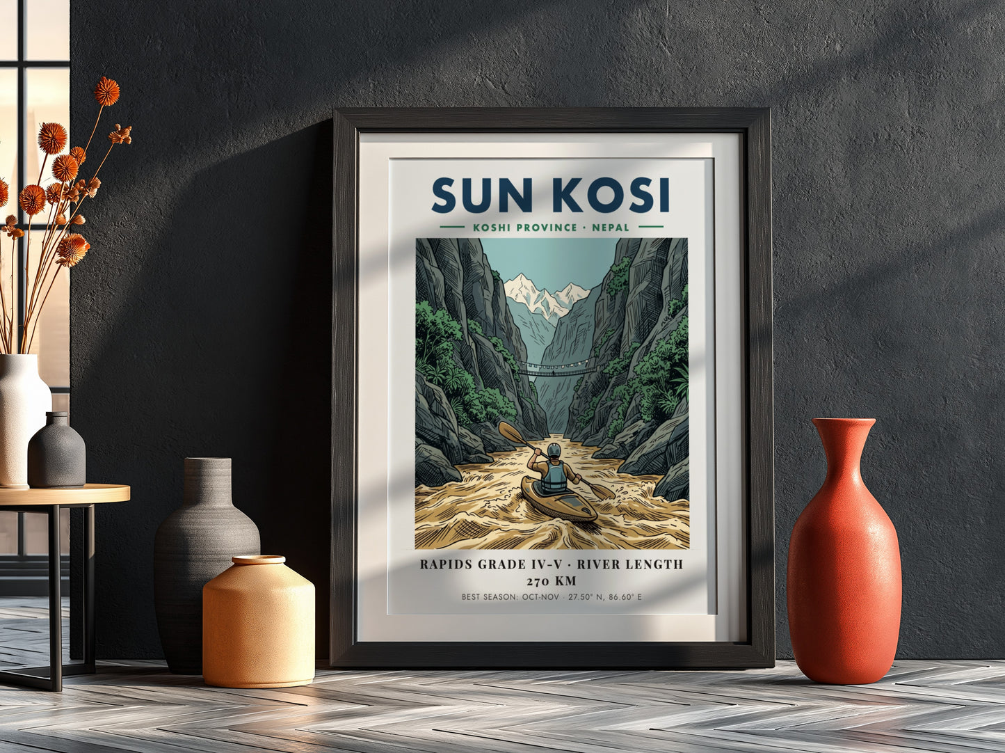 Poster of a kayaker on the Sun Kosi river surrounded by deep mountain canyons