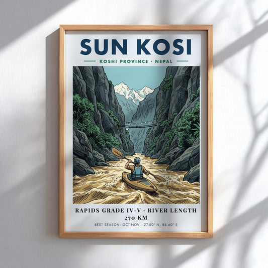 Poster of a kayaker on the Sun Kosi river surrounded by deep mountain canyons