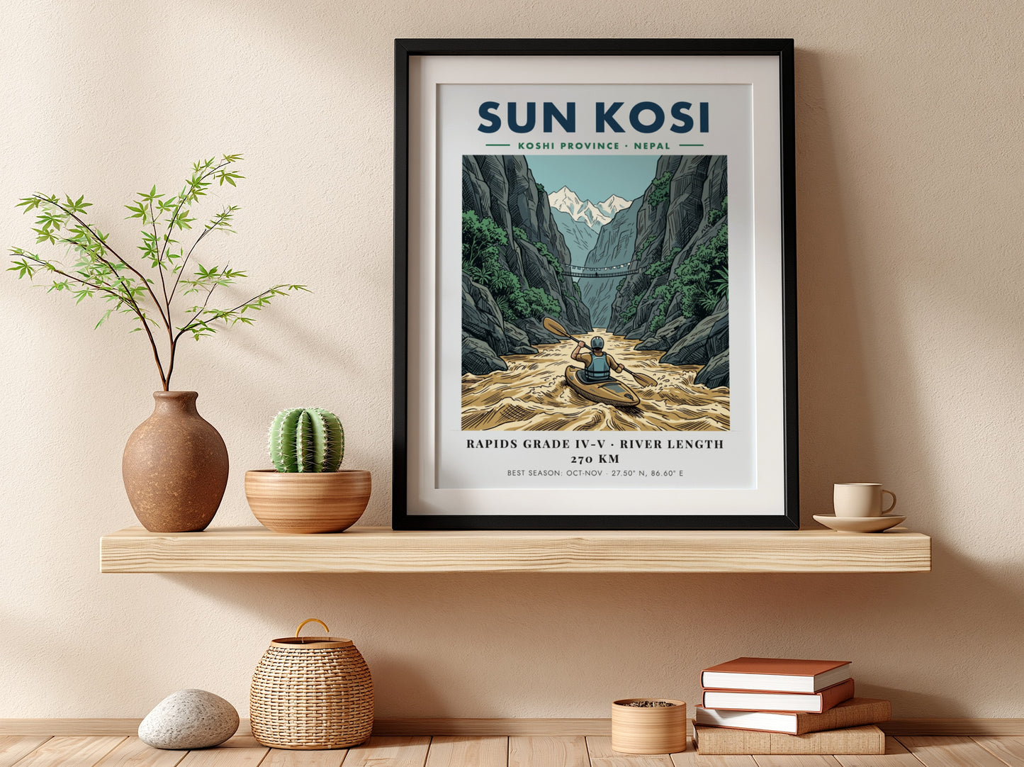 Poster of a kayaker on the Sun Kosi river surrounded by deep mountain canyons