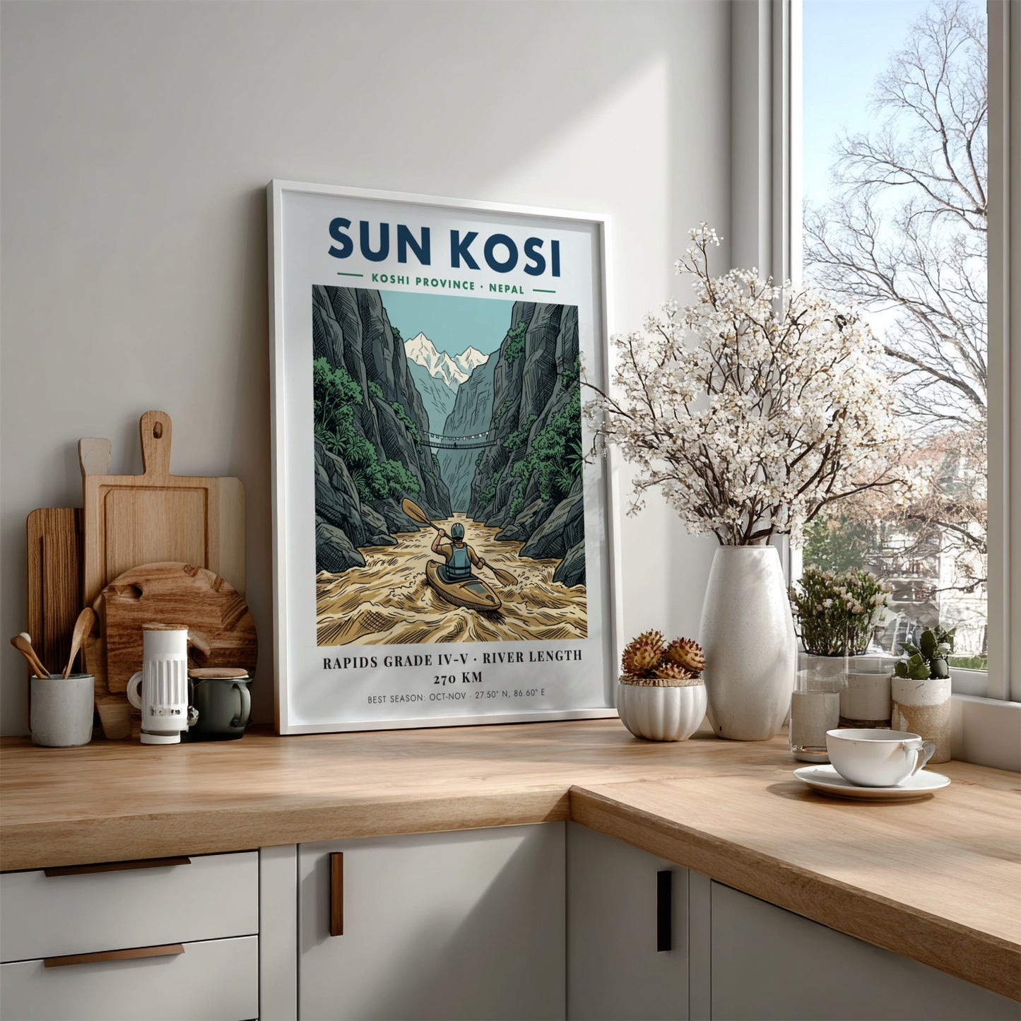 Poster of a kayaker on the Sun Kosi river surrounded by deep mountain canyons