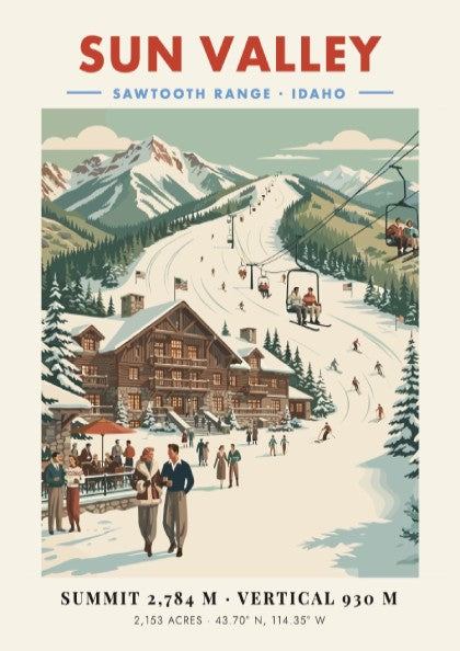 Sun Valley ski resort poster featuring vintage illustration of skiers and mountains in warm colors