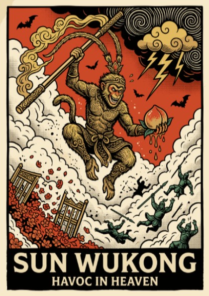 Poster featuring Sun Wukong, the Monkey King, wielding a staff amidst celestial chaos.