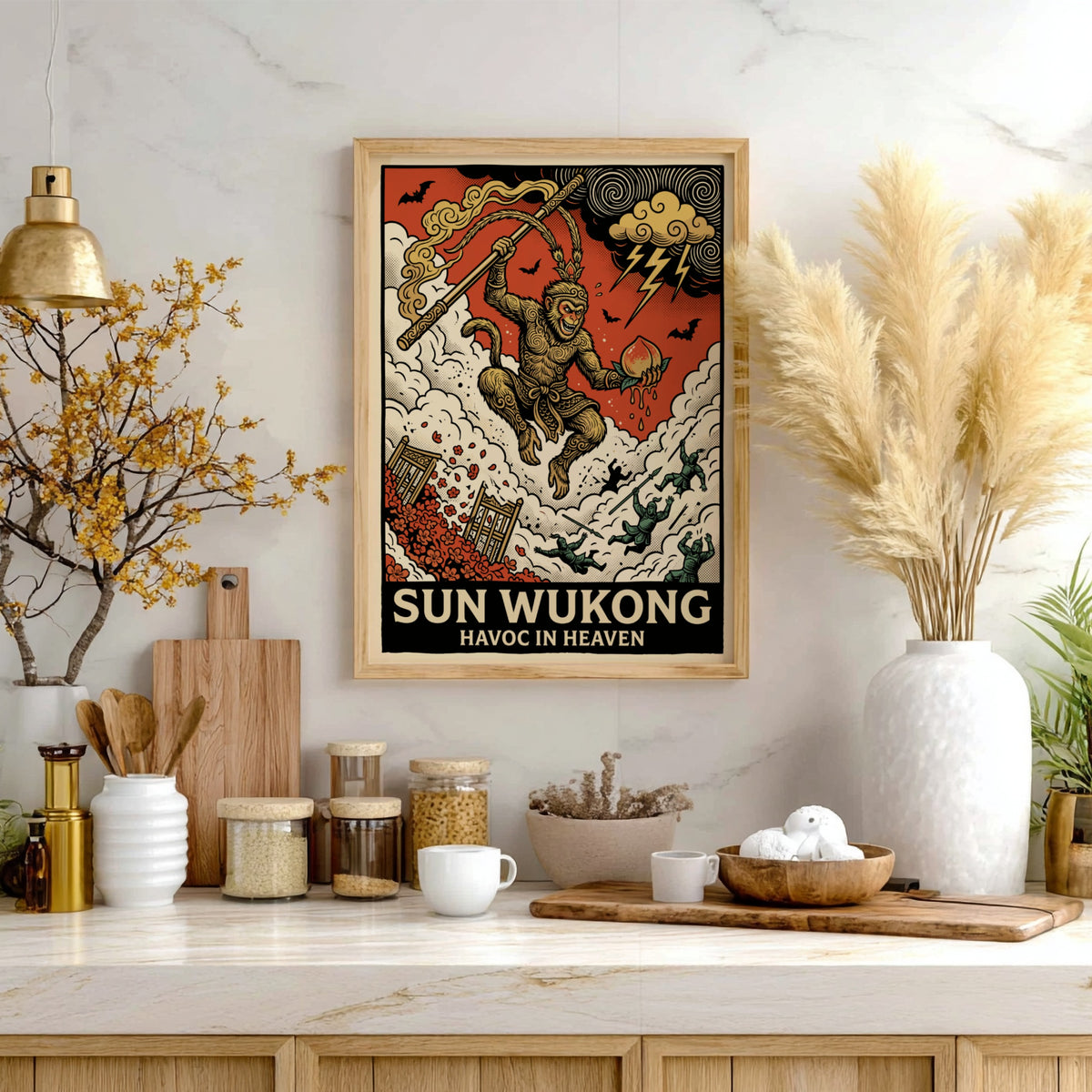 Poster featuring Sun Wukong, the Monkey King, wielding a staff amidst celestial chaos.