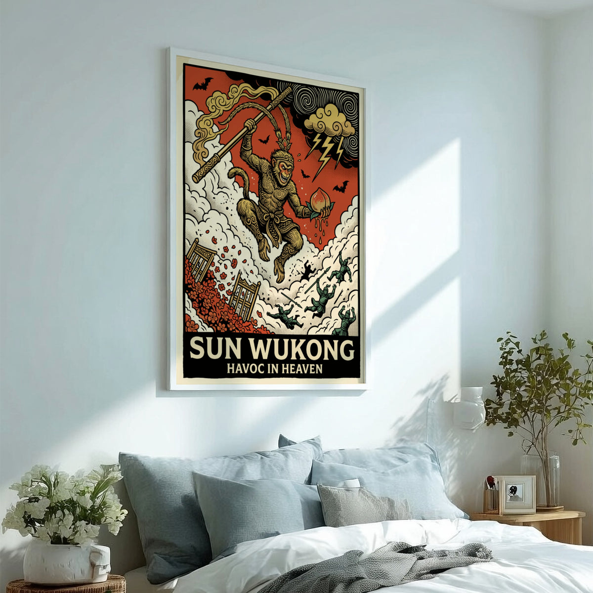 Poster featuring Sun Wukong, the Monkey King, wielding a staff amidst celestial chaos.
