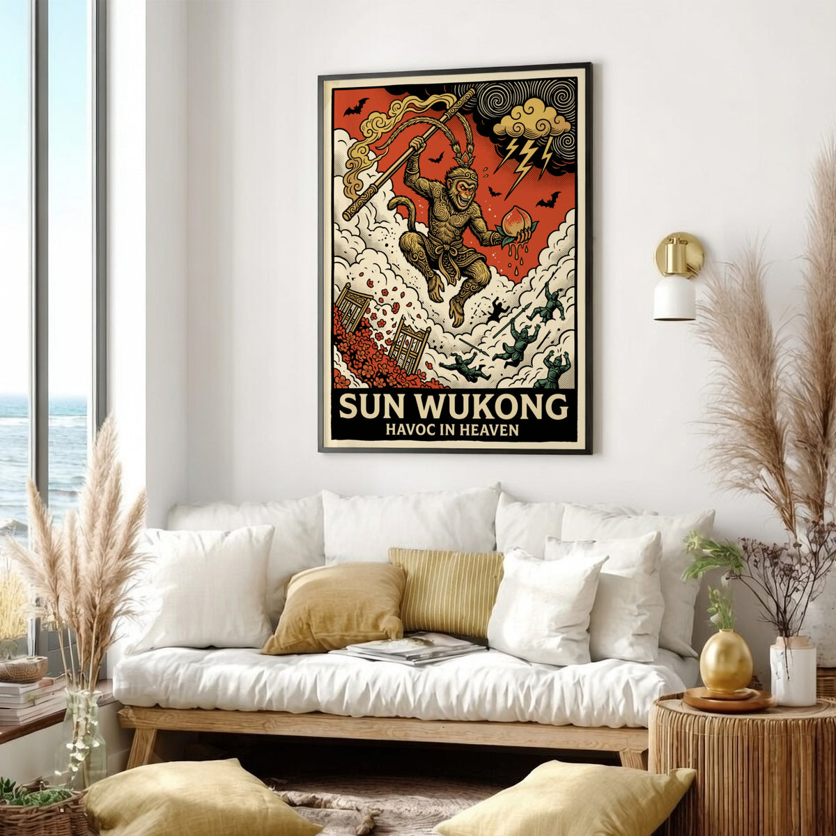 Poster featuring Sun Wukong, the Monkey King, wielding a staff amidst celestial chaos.