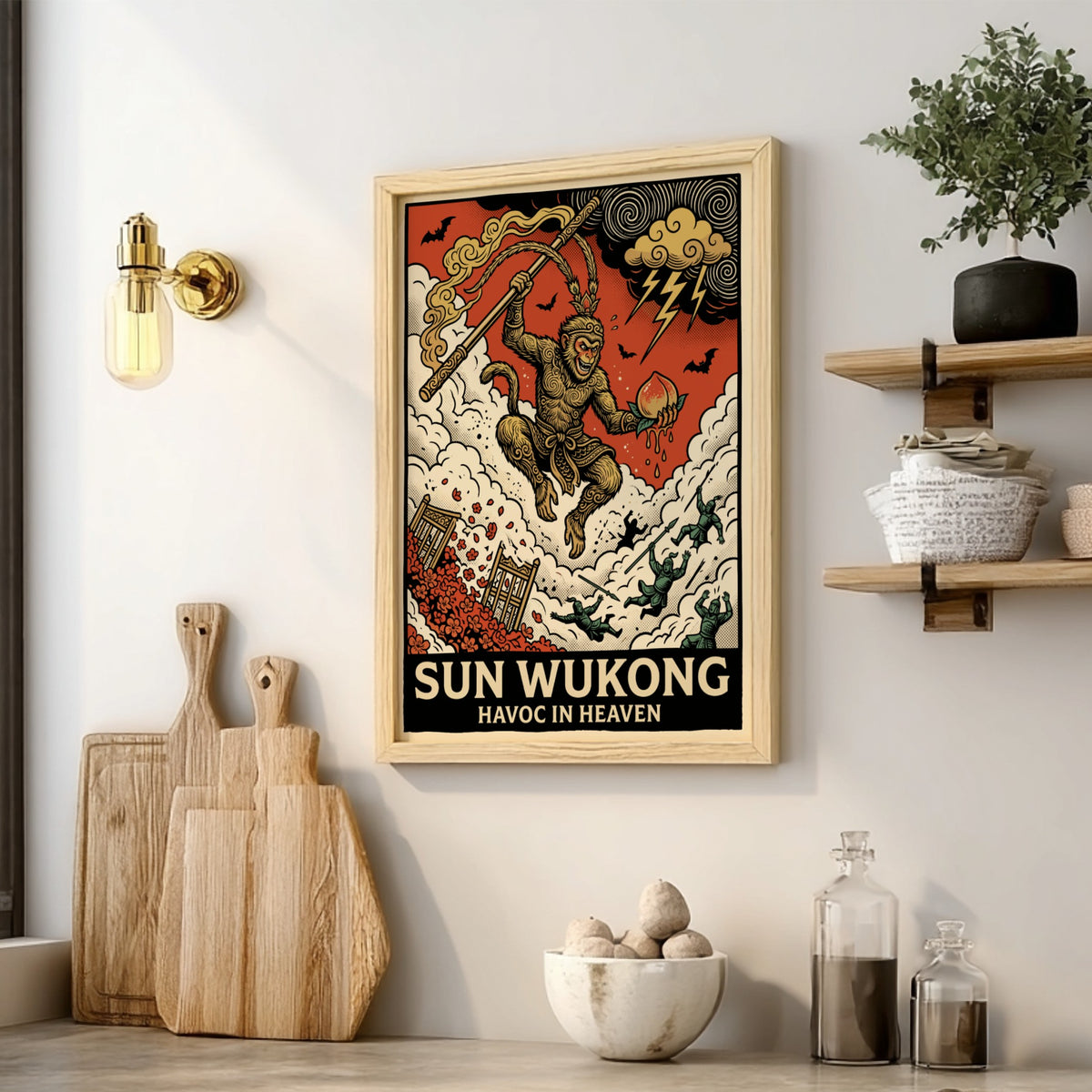 Poster featuring Sun Wukong, the Monkey King, wielding a staff amidst celestial chaos.