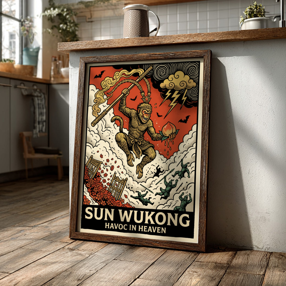 Poster featuring Sun Wukong, the Monkey King, wielding a staff amidst celestial chaos.