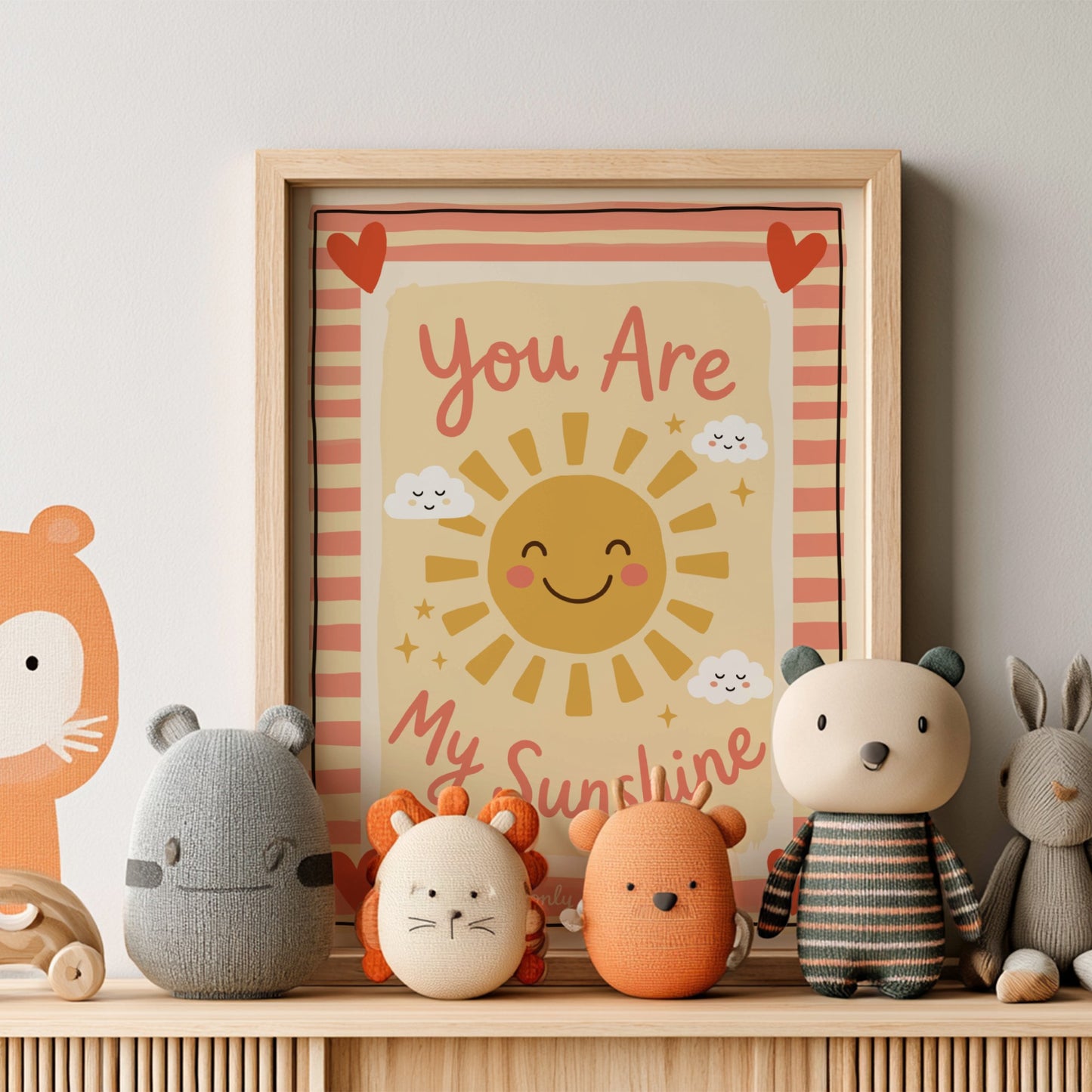 Kids room poster featuring a cheerful sun and clouds in warm colors