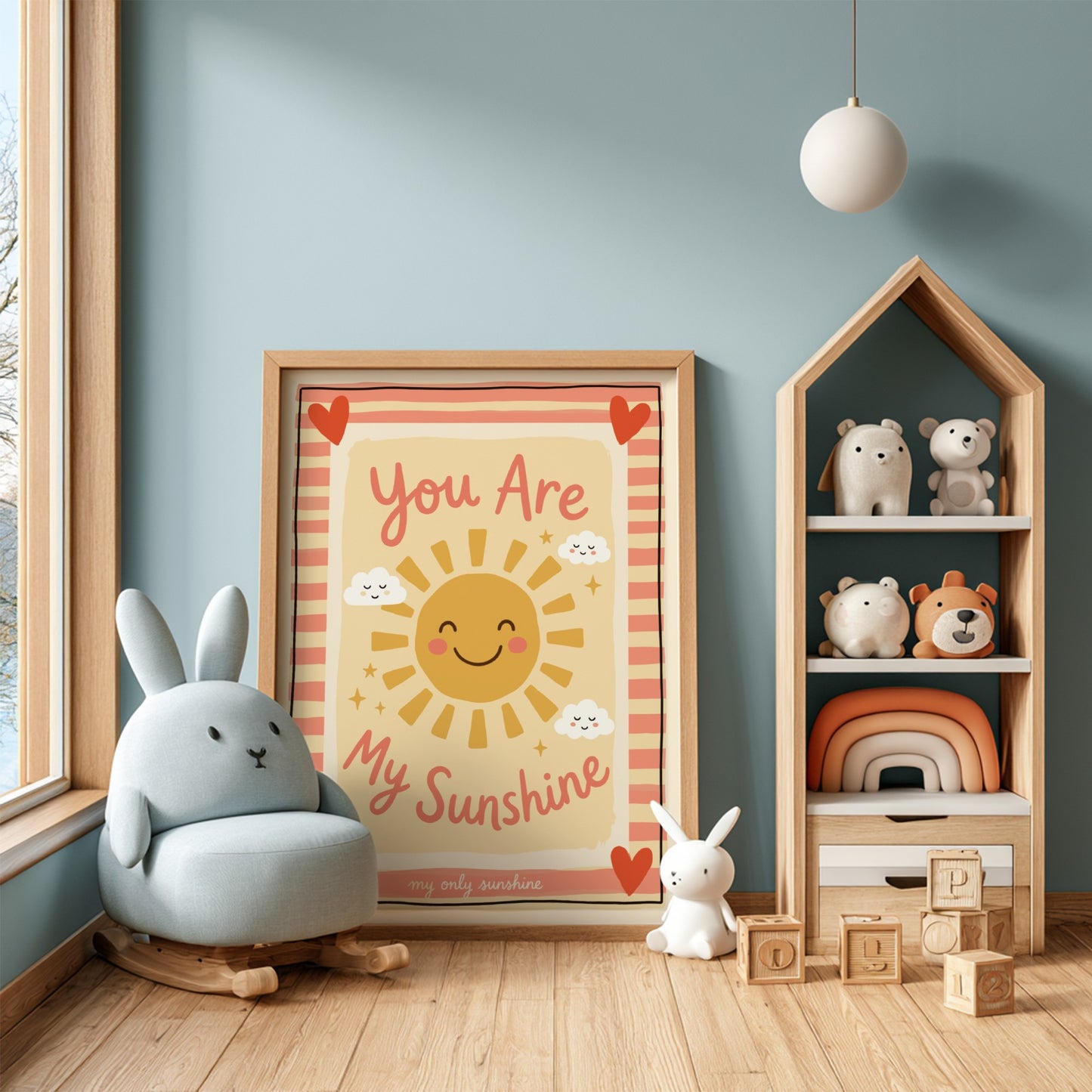 Kids room poster featuring a cheerful sun and clouds in warm colors