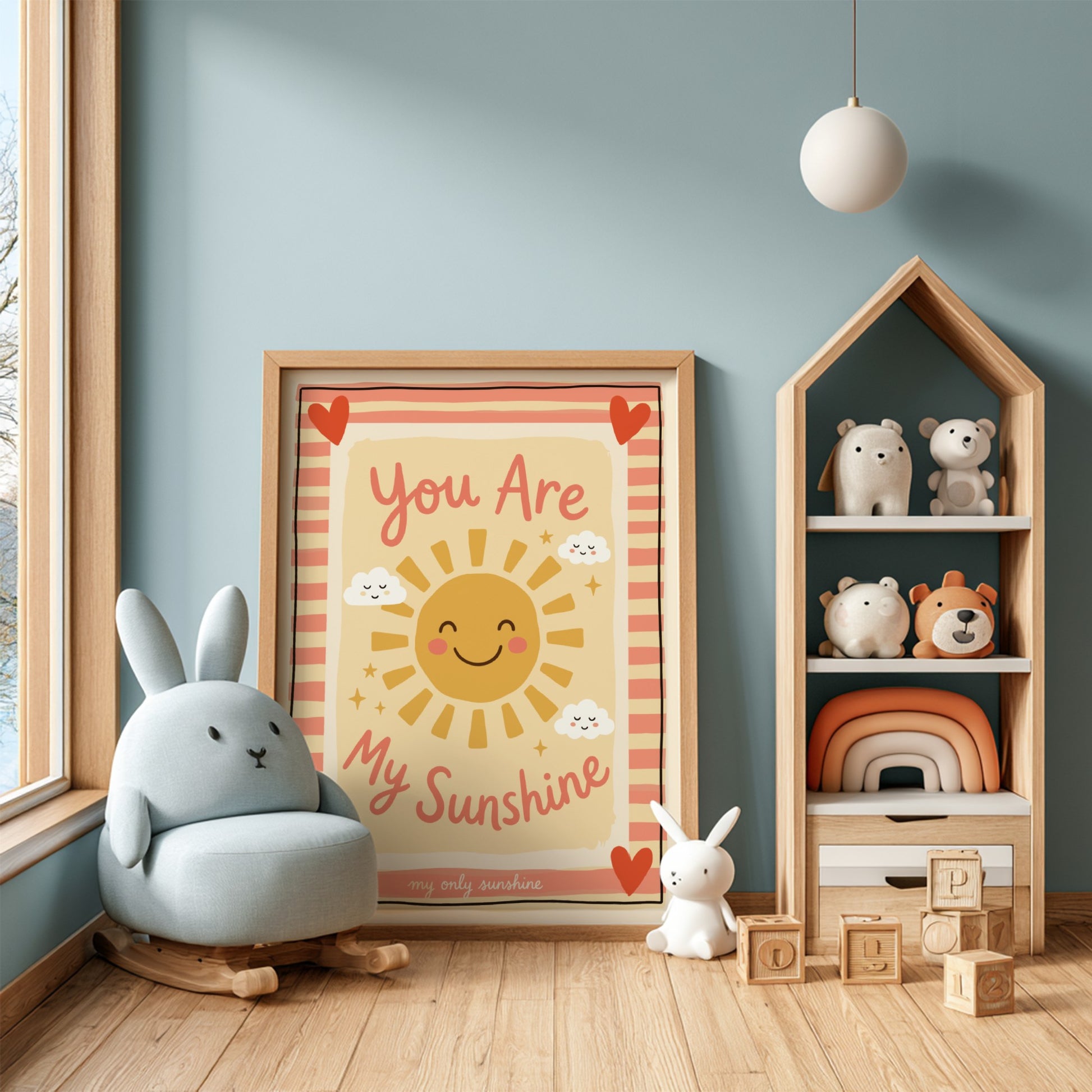 Kids room poster featuring a cheerful sun and clouds in warm colors